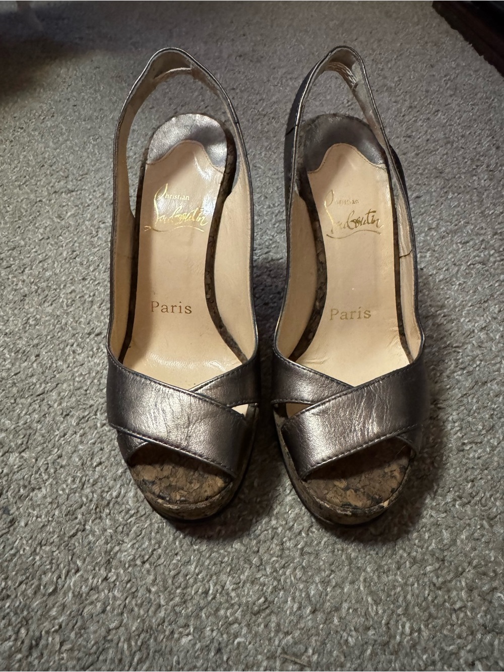 Christian Louboutin Metallic Pewter Peep-Toe Slingback Wedges